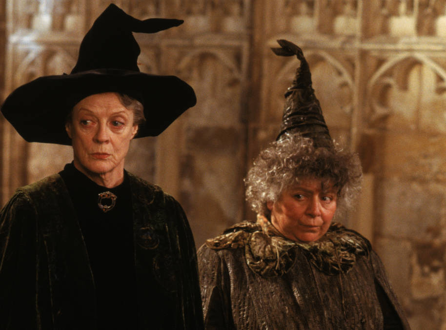 Le professeur McGonagall et le professeur Sprout se tiennent dans un couloir, l'air inquiet.