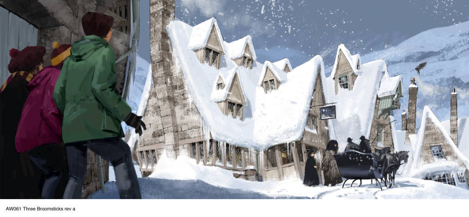Concept illustration of a snowy Hogsmeade, ad the exterior of the Three Broomsticks