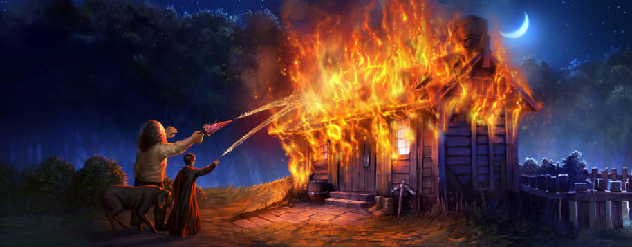 Harry and Hagrid put out Hagrid's hut with Aguamenti, after Hagrid rescues Fang from the blaze.