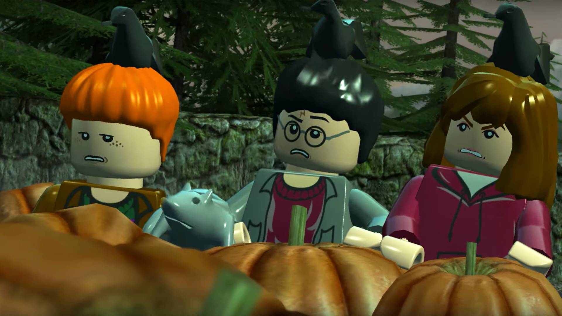 LEGO Harry Ron and Hermione in the pumpkin patch 