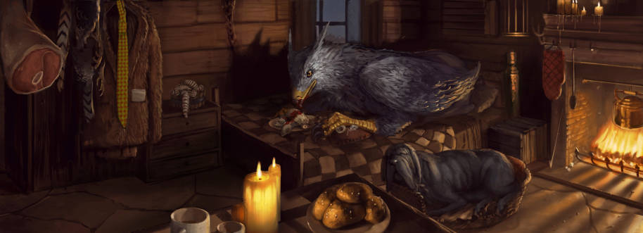 Buckbeak the Hippogriff in Hagrid's hut with Fang.