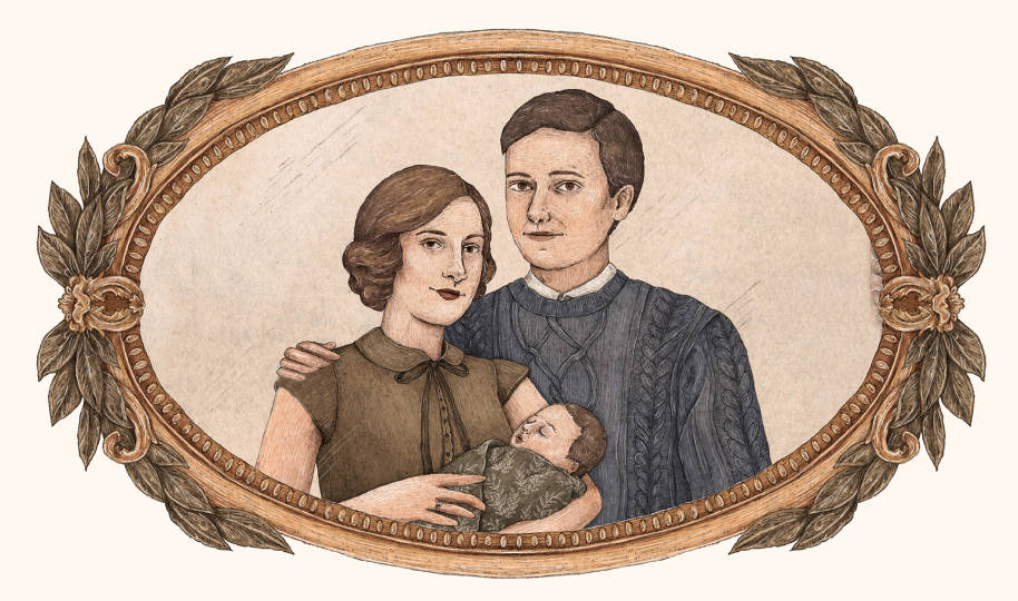 Illustration of Frank and Alice Longbottom with baby Neville