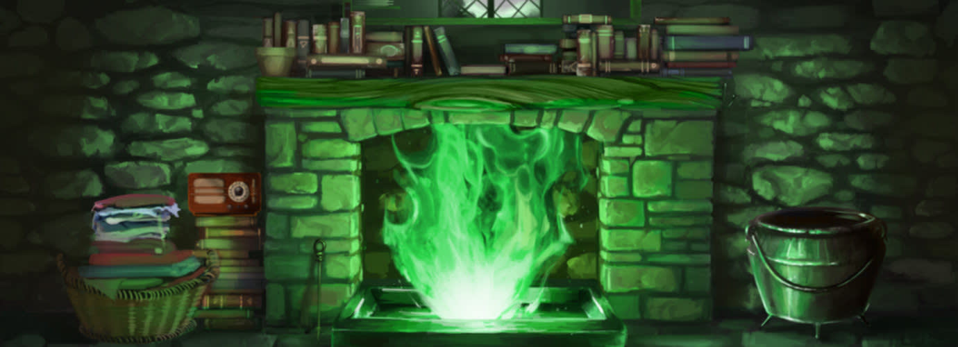 The Burrow's fireplace with green flames from the Chamber of Secrets.
