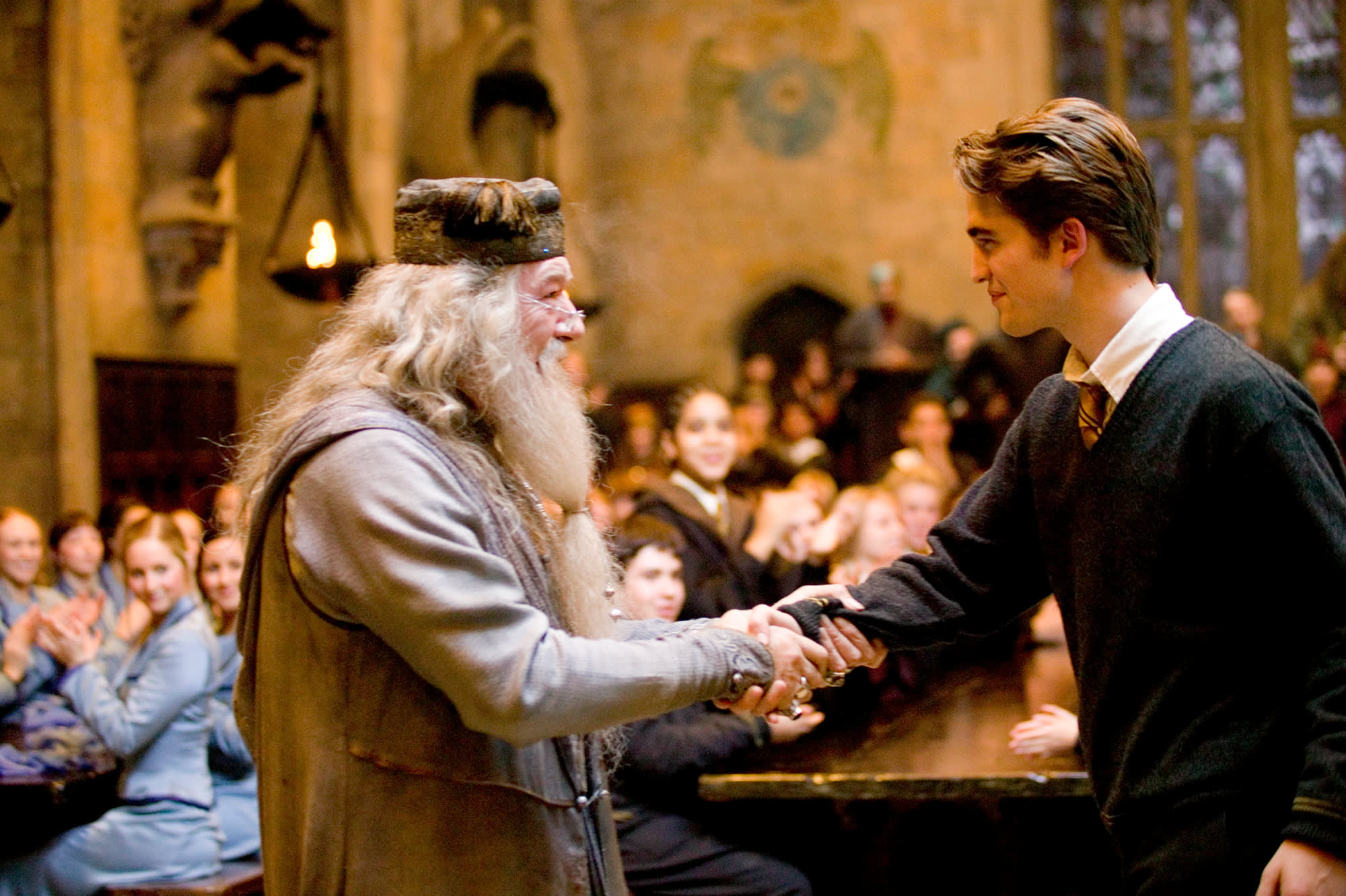 Dumbledore congratulating Cedric Diggory being chosen as Hogwarts champion