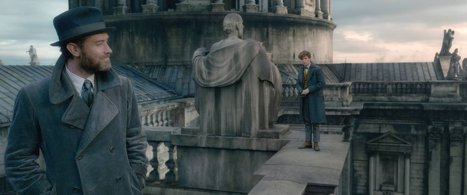 Albus Dumbledore and Newt Scamander standing on the rooftop of St. Paul's Cathedral in London