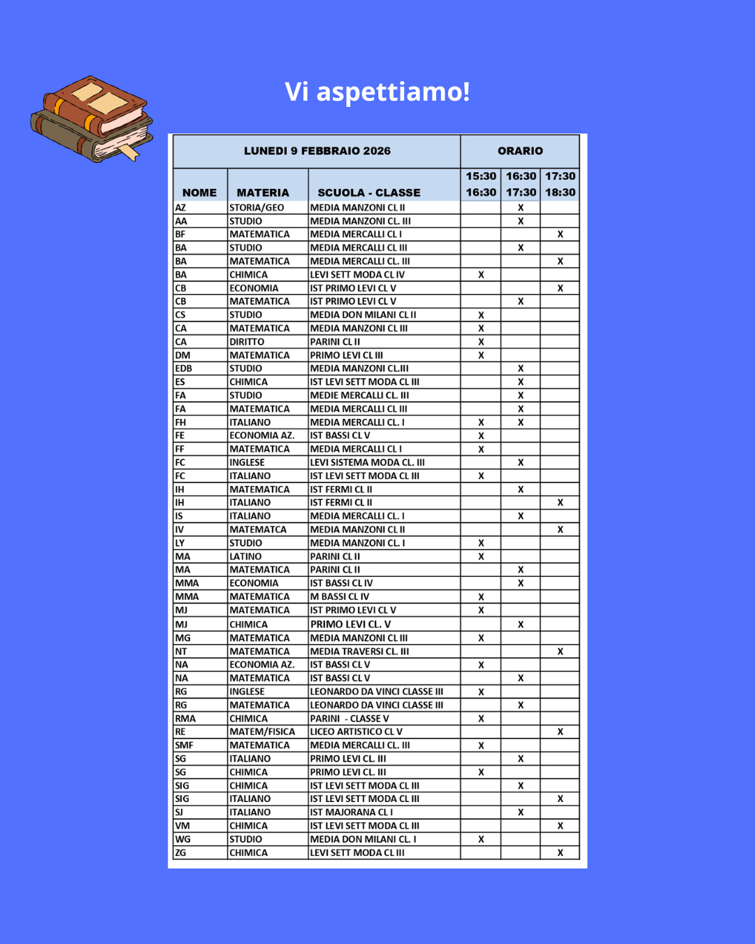 Orario del 9 febbraio 2026 Orario del 9 febbraio 2026