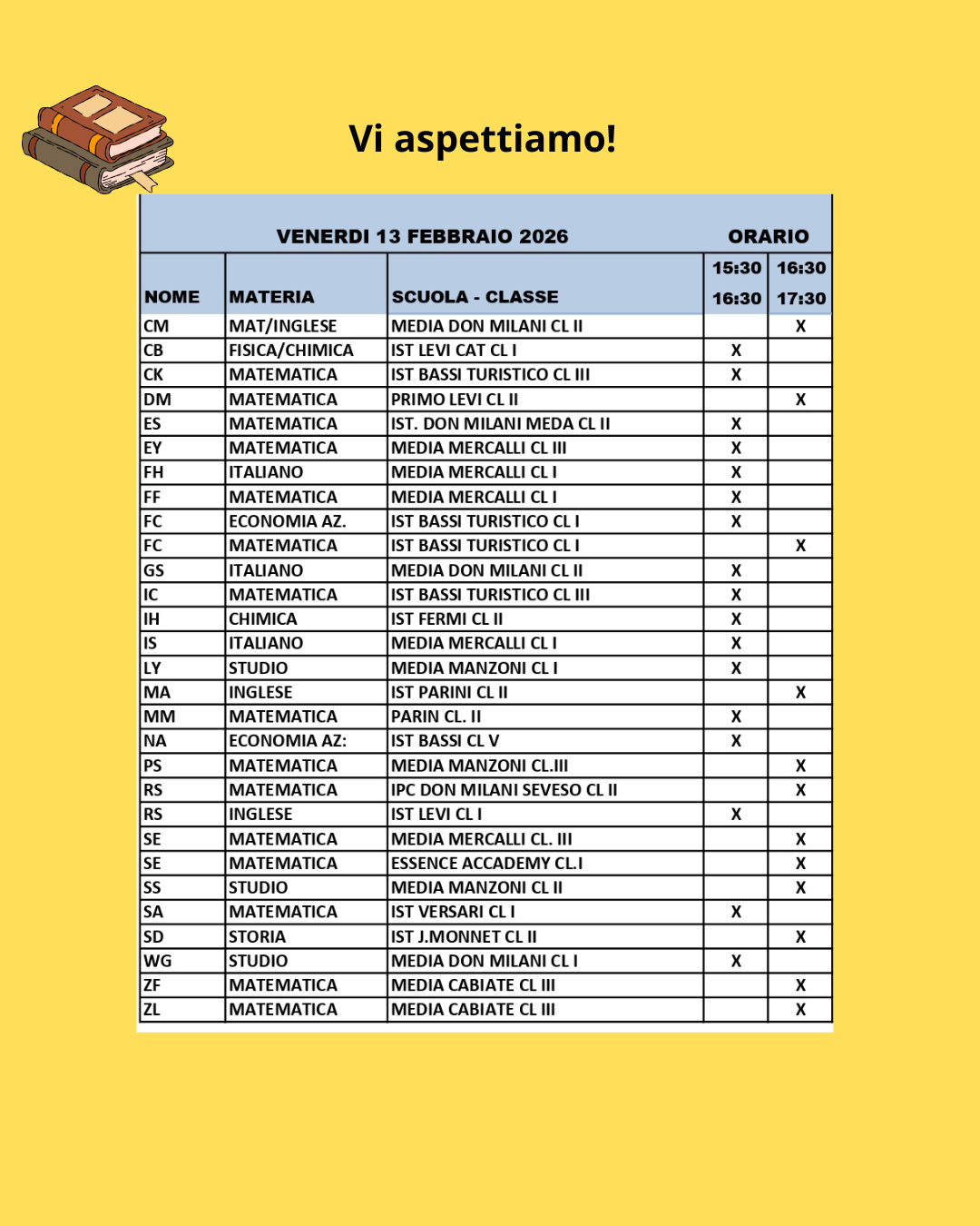 Orario del 13 febbraio 2026 Orario del 13 febbraio 2026