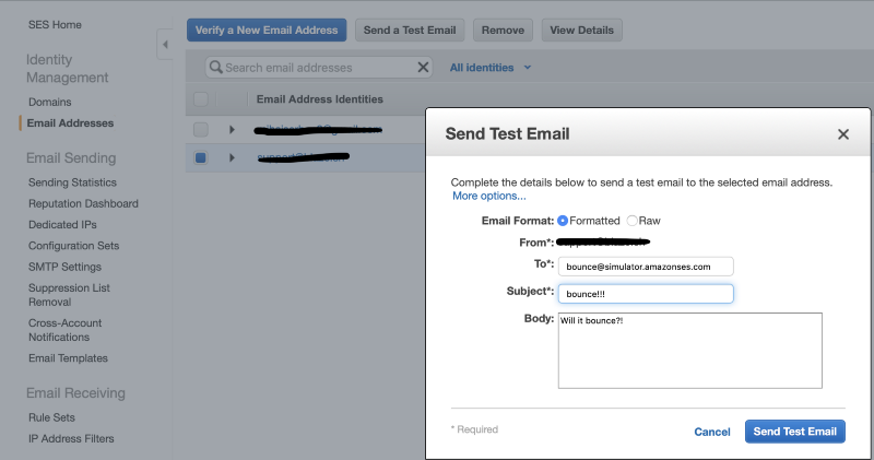 AWS SES test email