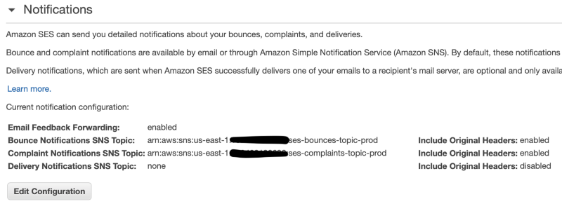AWS SES notifications configuration