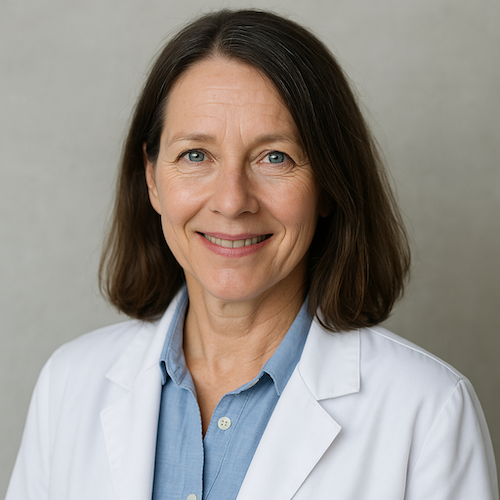 A middle-aged female doctor wearing a lab coat and light blue shirt, smiling softly in a professional studio portrait against a neutral gray background.