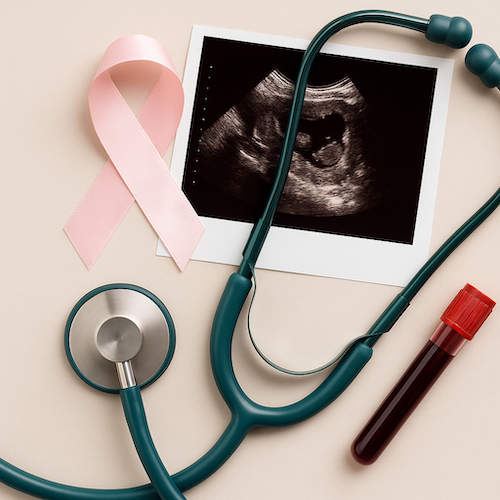 A teal stethoscope, pink awareness ribbon, ultrasound printout, and blood sample tube arranged on a neutral background to represent ovarian cancer awareness and diagnostic evaluation.