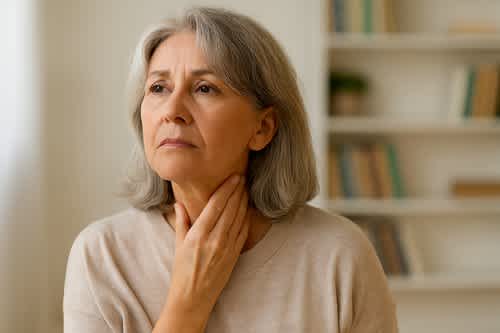 A woman gently touching her throat, symbolizing awareness of thyroid health and prevention