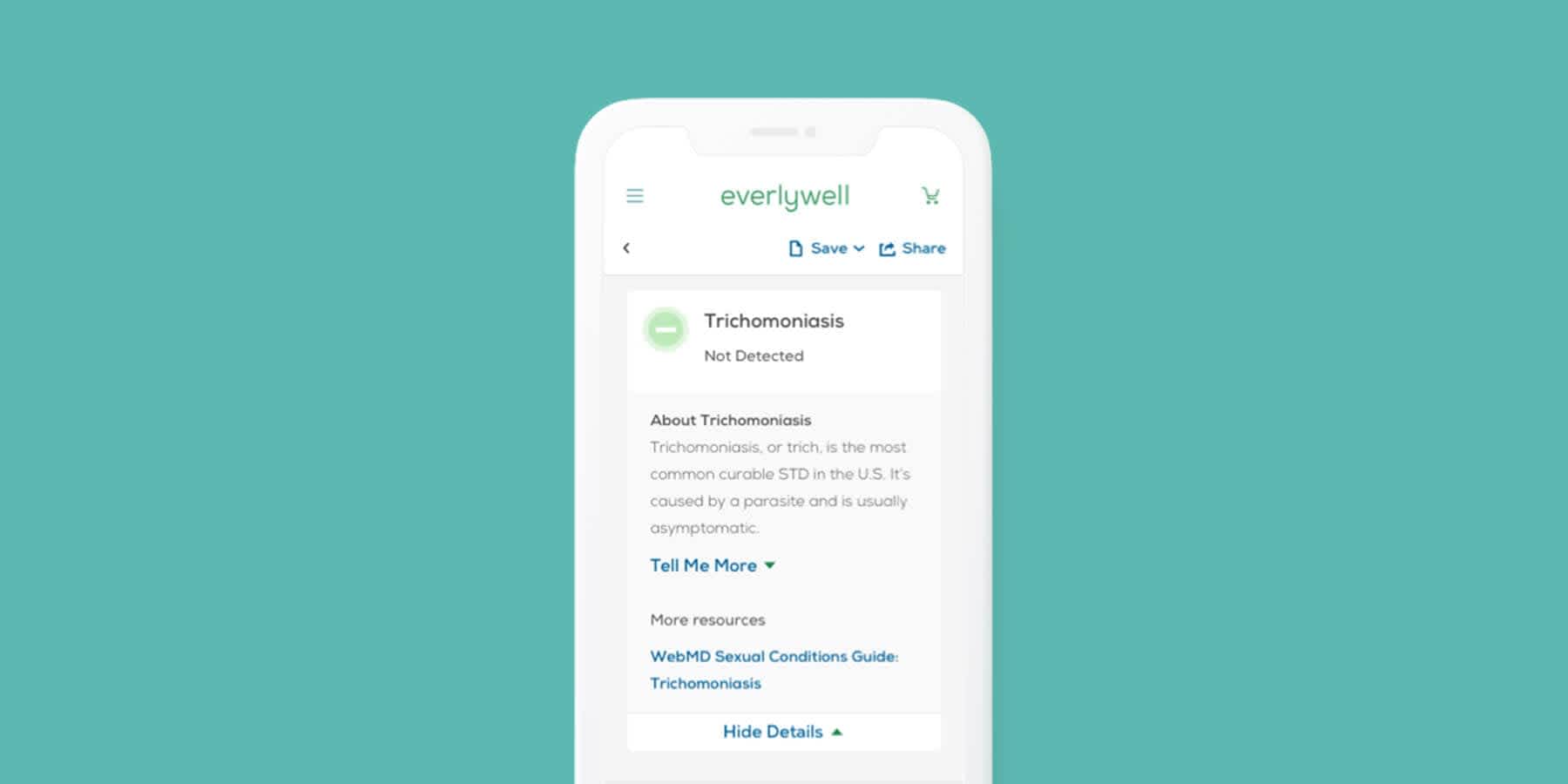 Mobile phone screen of trichomoniasis test results with no infection detected