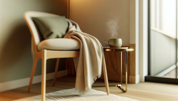 "A cozy corner with a soft blanket draped over a chair, a steaming cup of tea resting on a nearby table."