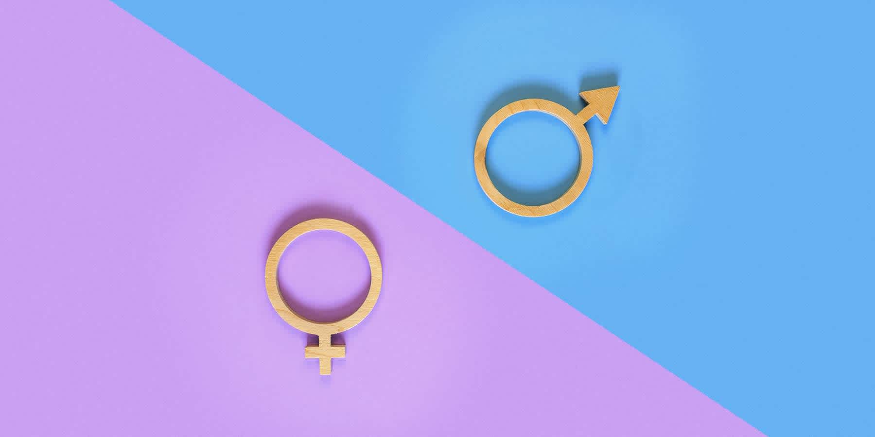 Female and male symbols against multicolored background to represent different types of STDs that can affect women and men
