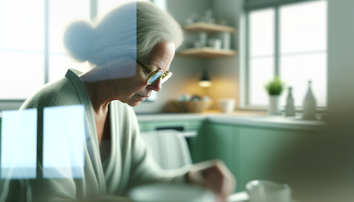 A cozy knit blanket draped over a sunlit armchair, with a steaming cup of tea resting on a nearby side table.