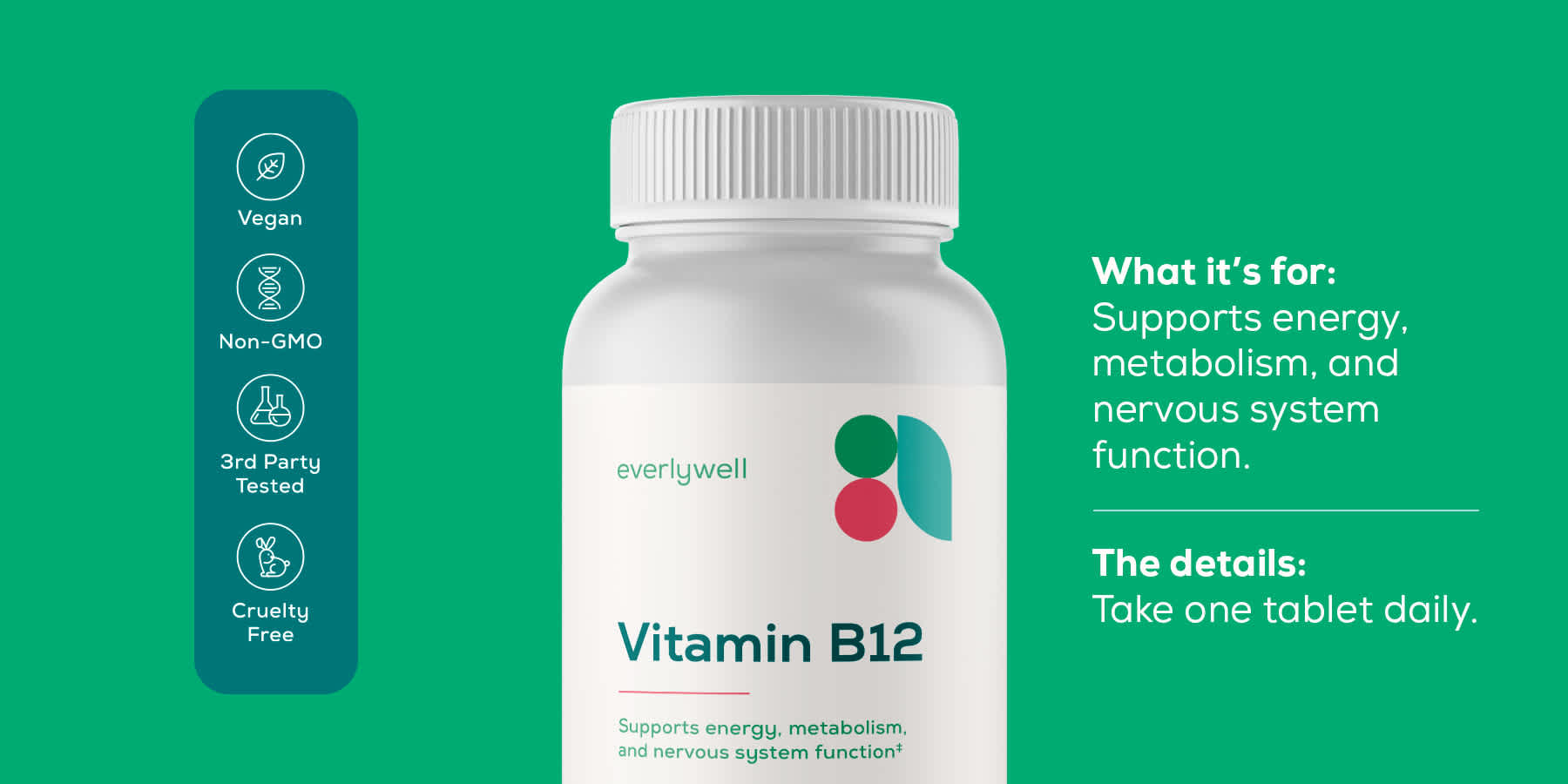 Bottle of Everlywell Vitamin B12 supplements against a green background