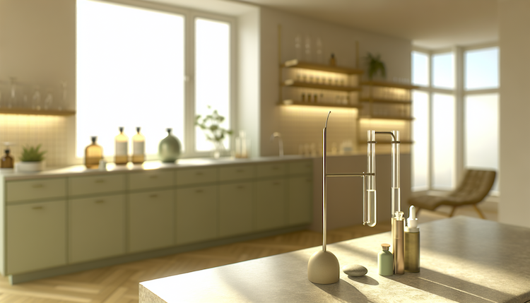 A cozy armchair with a soft blanket draped over it sits beside a small table holding a steaming cup of tea.