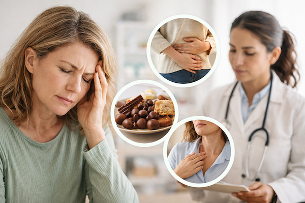 Woman experiencing fatigue and headache while consulting with a healthcare provider, representing common symptoms of hormonal imbalance in women.