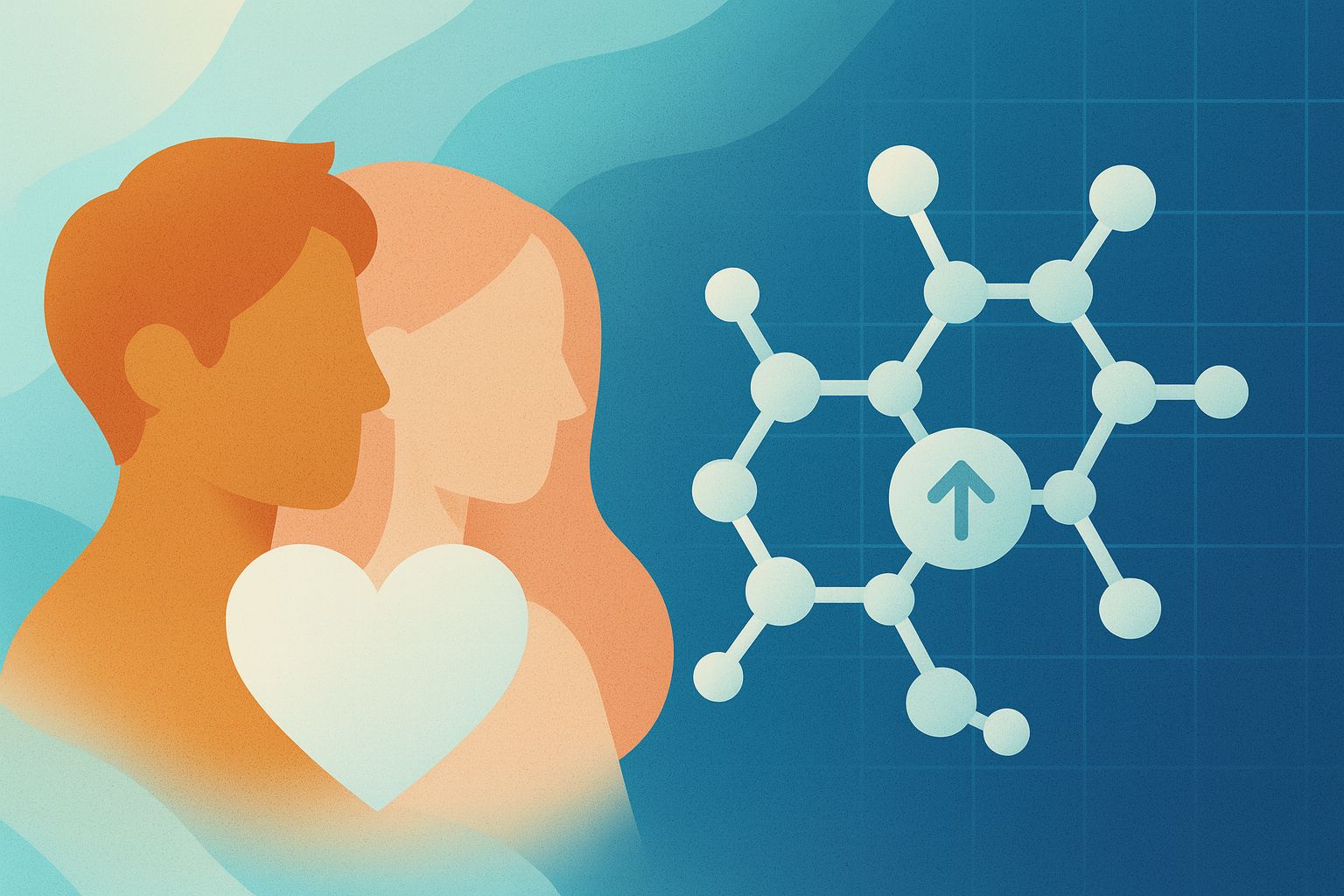 Abstract illustration of two human profiles with a heart and a testosterone molecule symbolizing the link between sex and hormone levels.