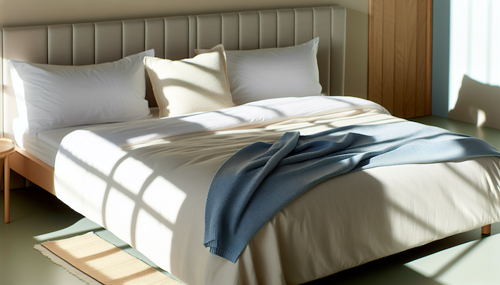 A neatly made bed with crisp white sheets and a cozy blue blanket, sunlight filtering through the window.