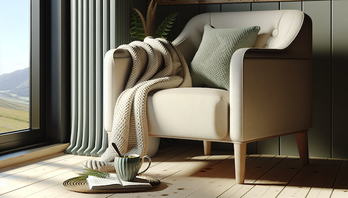 A cozy knitted blanket draped over a comfortable armchair, with a steaming cup of herbal tea resting on a nearby side table.