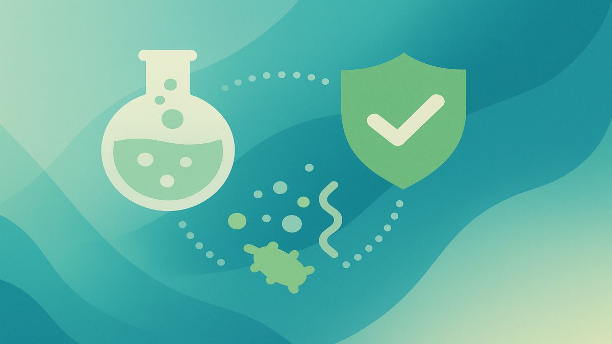 Abstract illustration of lab flask, DNA strand, and shield icons symbolizing biomarker testing and health monitoring in teal and green tones.