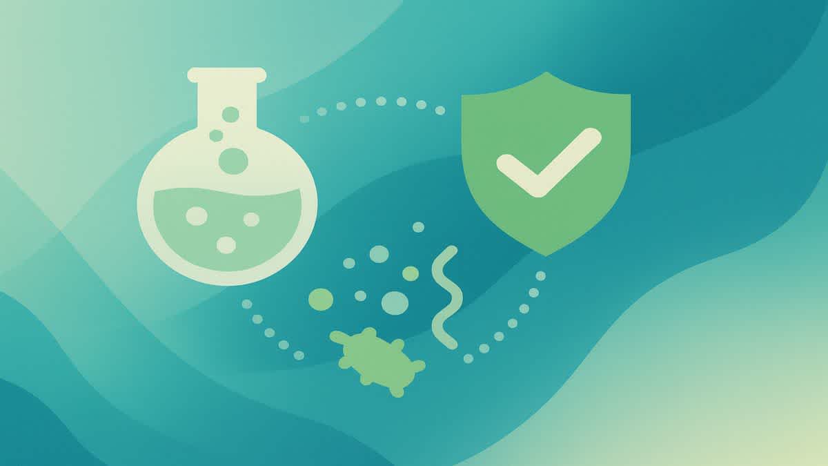 Abstract illustration of lab flask, DNA strand, and shield icons symbolizing biomarker testing and health monitoring in teal and green tones.