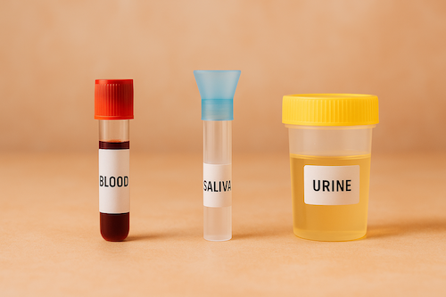 A warm-toned photograph showing three sample containers labeled blood, saliva, and urine, representing the different methods used for hormone testing.
