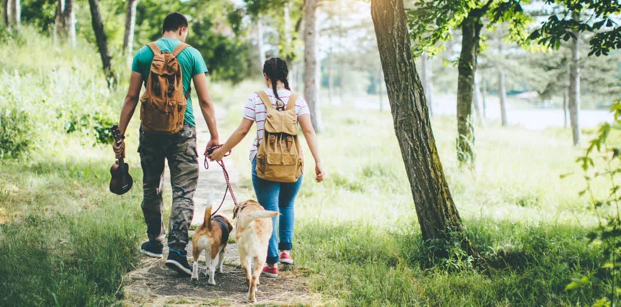 Couple walking outdoors and using exercise to lower cholesterol levels