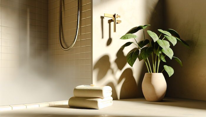 A neatly folded towel rests beside a potted plant on a wooden bathroom shelf, bathed in warm ambient light.