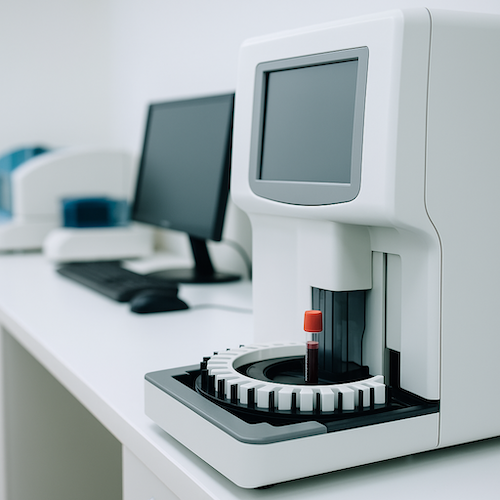 Automated blood analysis machine holding a sample vial in a warmly lit medical laboratory with diagnostic equipment in the background