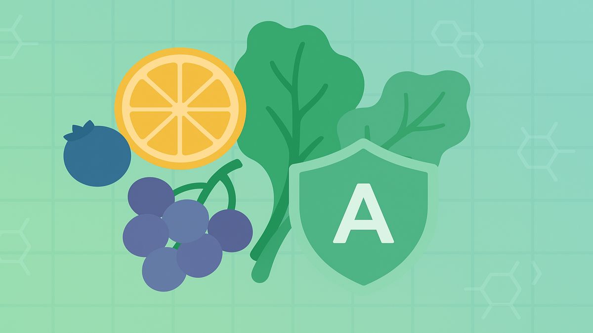 Abstract illustration symbolizing antioxidants and health protection, featuring molecular shapes, green leaves, and a stylized shield on a teal gradient background representing immunity and disease prevention