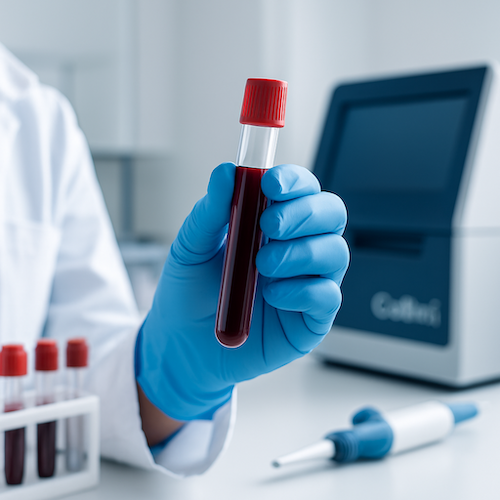 Gloved hand holding a blood sample tube in a modern laboratory with a Galleri testing device in the background