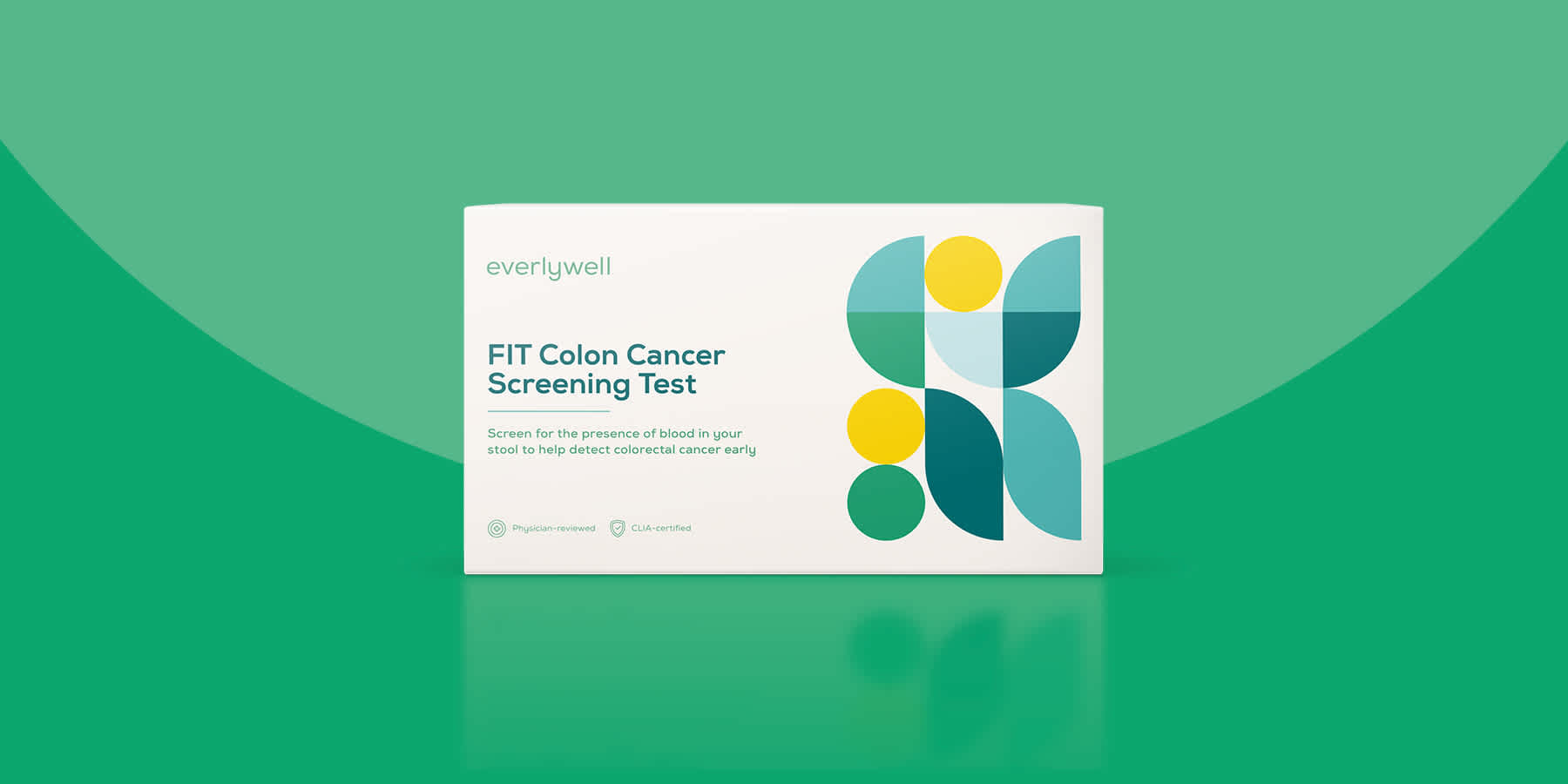 FIT Colon Cancer Screening Test kit for routine colon cancer screening, against a green background