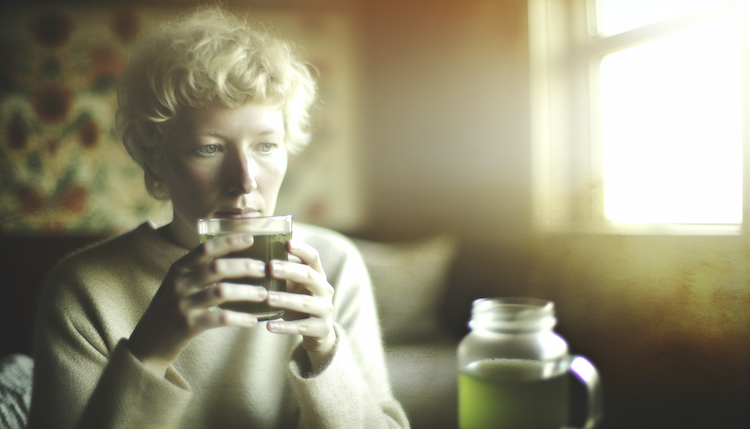 A cozy corner with a soft blanket draped over a chair, a steaming cup of herbal tea resting on a side table.