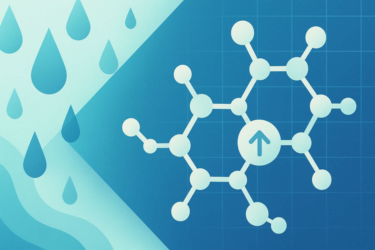 This image features a clean, clinical-modern abstract design themed around the idea of cold showers and testosterone.
The left side shows stylized blue water droplets and soft waves, evoking cold water and refreshment. The right side transitions into a cool, geometric grid with a simplified molecular structure representing testosterone. At the molecule’s center, a subtle upward arrow symbolizes a potential increase in hormone levels.
The color palette is composed of layered blues and aquas, creating a calm, science-driven aesthetic consistent with Everlywell’s visual identity — minimal, trustworthy, and informative.