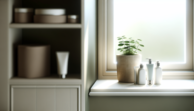 A neatly arranged bathroom shelf holds a collection of skincare products beside a small potted plant, illuminated by soft lig