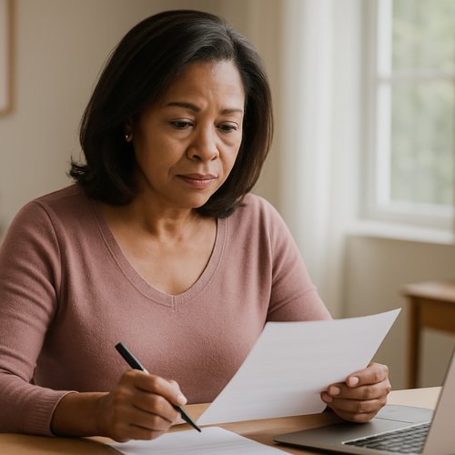 Middle-aged woman reviewing medical paperwork at home, representing the process of preparing for pancreatic cancer screening.