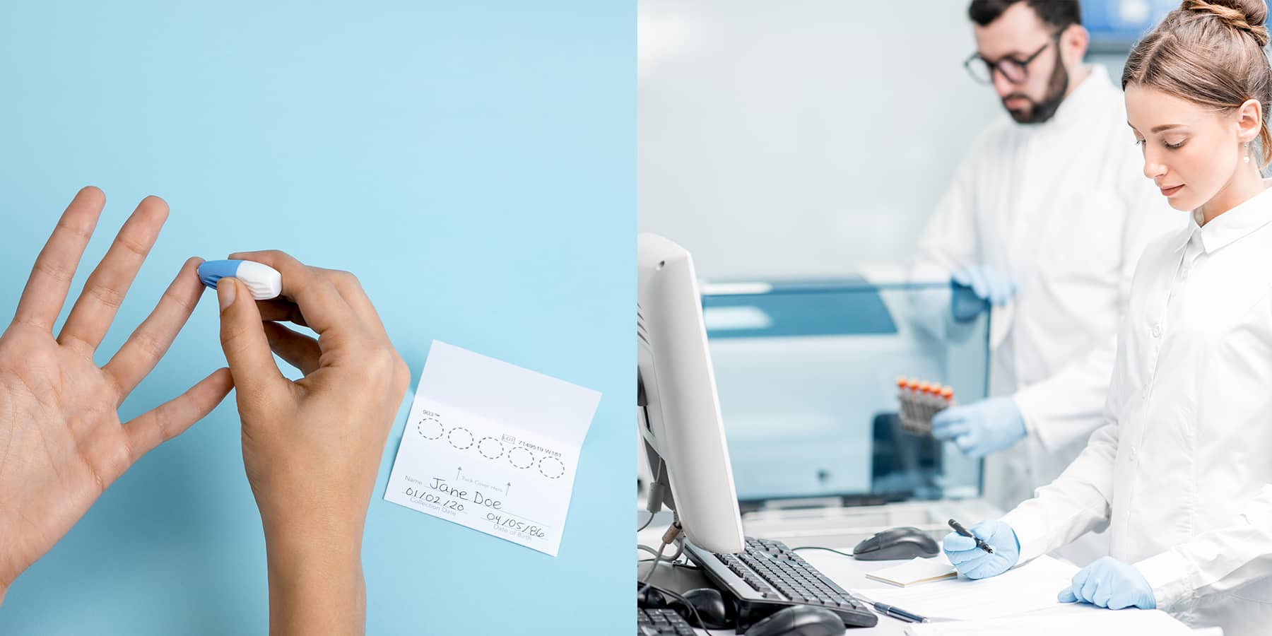 Image of person collecting finger prick blood sample next to image of laboratory technicians running a test on the sample