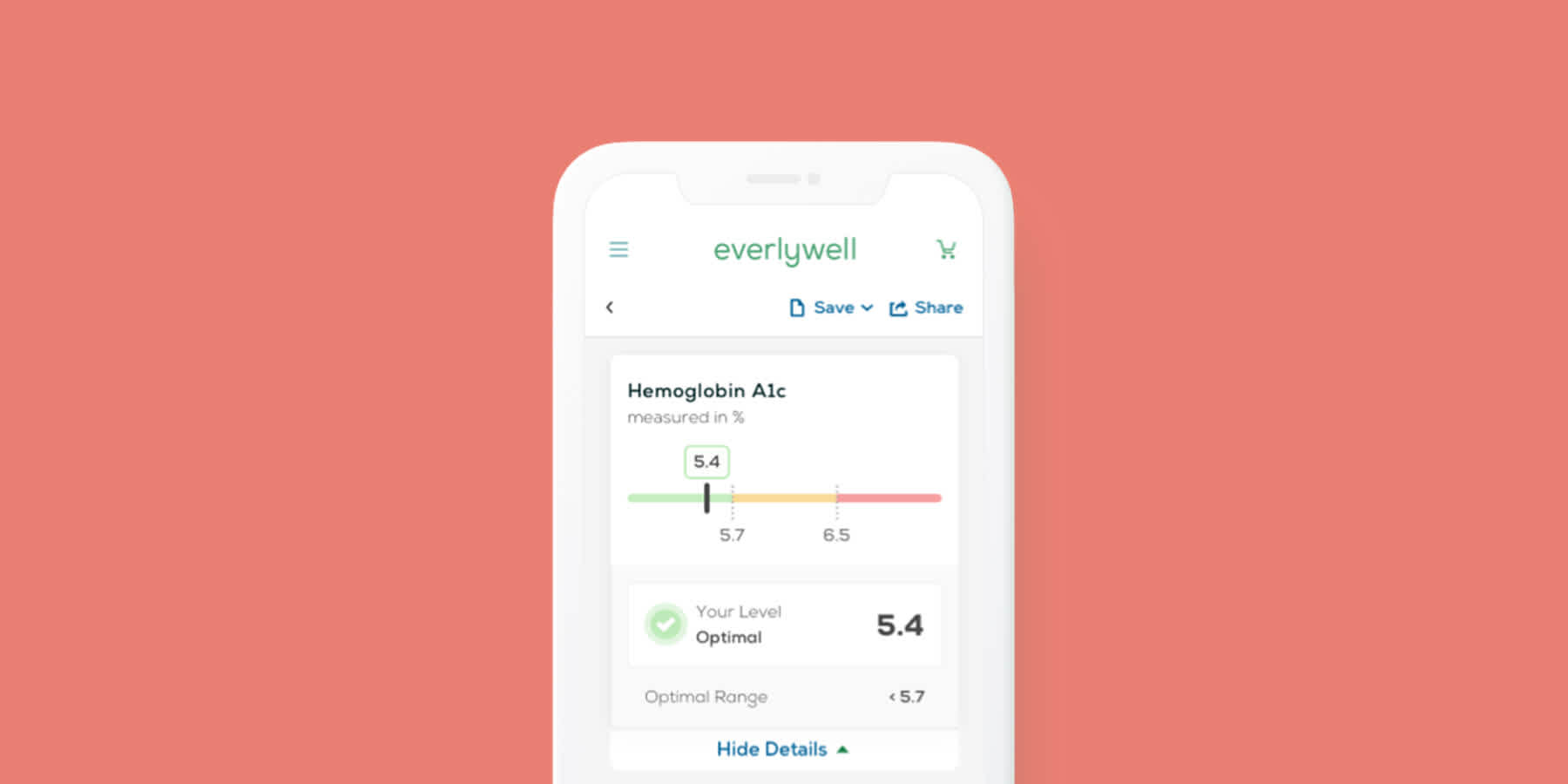 Image of mobile phone with test results showing normal HbA1c range