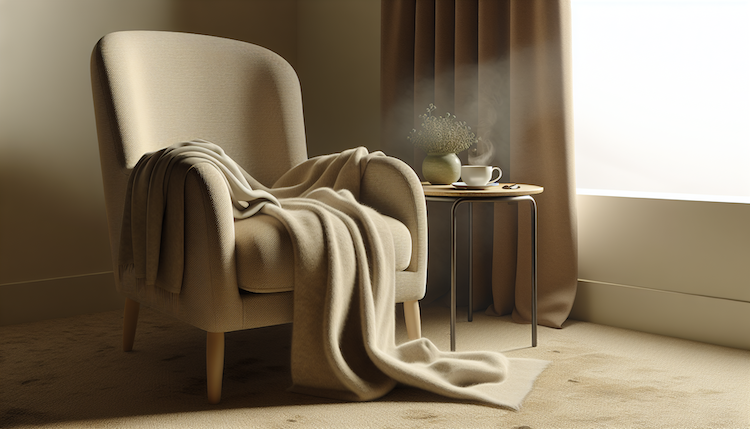 A cozy beige blanket draped over a plush armchair beside a small table with a steaming cup of herbal tea.