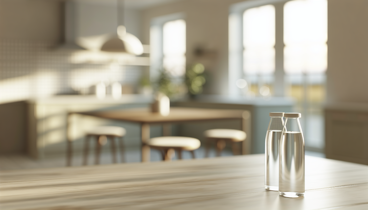 A glass of clear water sits next to a vibrant green houseplant on a sunlit kitchen windowsill.