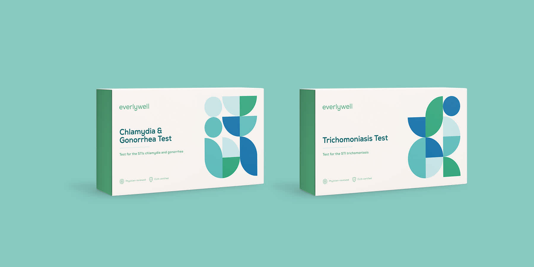 Trichomoniasis vs. chlamydia tests against a light teal background