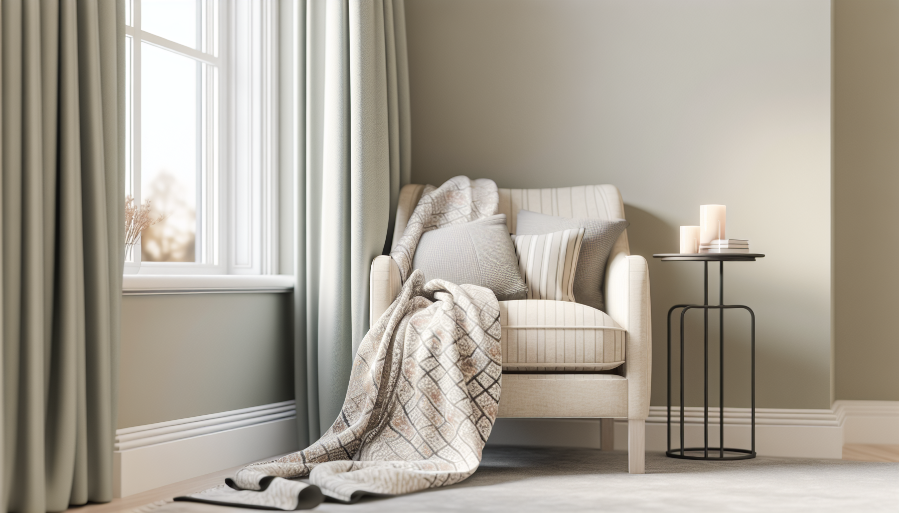 "A cozy corner of a living room with a soft, patterned blanket draped over an armchair, next to a small side table."