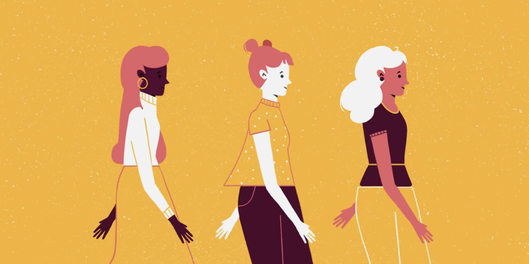 Drawing of three women walking against a yellow background