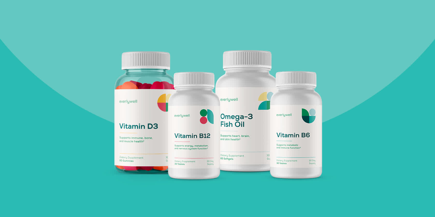 Bottles of Everlywell Vitamins & Supplements that can be taken daily