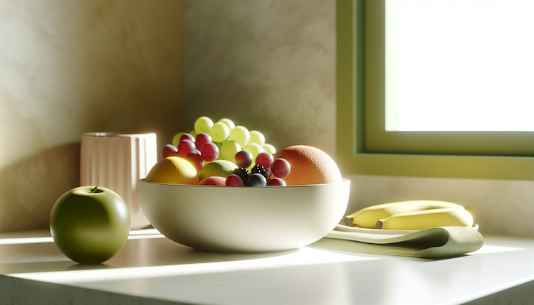 "A vibrant bowl filled with fresh fruits sits on a sunlit kitchen counter, inviting a healthy start to the day."