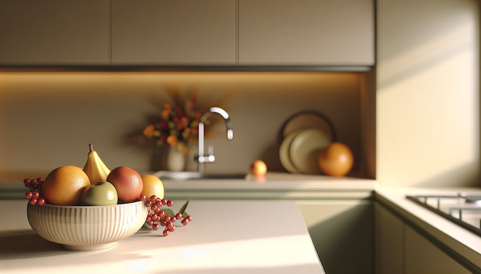 A decorative fruit bowl filled with vibrant oranges and apples sits on a sunny kitchen countertop, symbolizing a healthy life