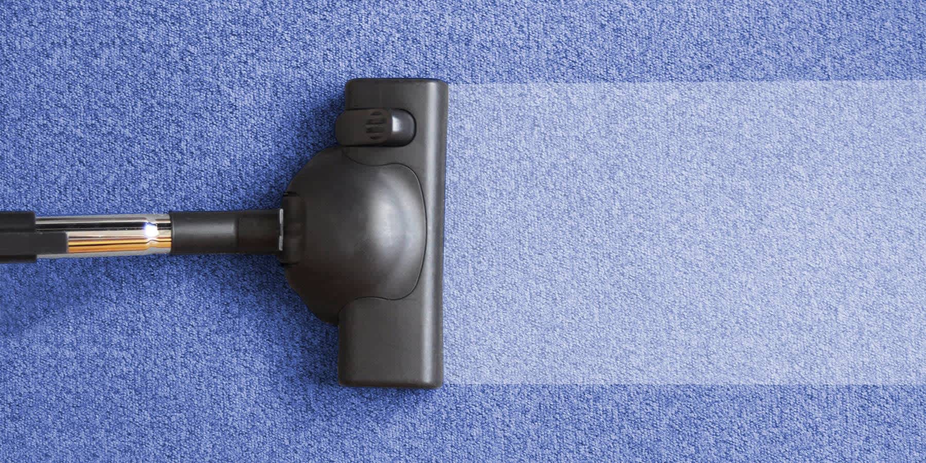 Vacuum sweeping up dust allergens on blue carpeting